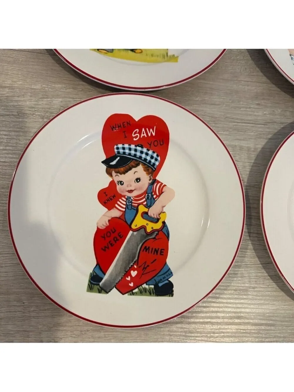 Vintage Rosanna Valentine Dessert Plates Set 4 Red Rim Retro Heart Design 8 in